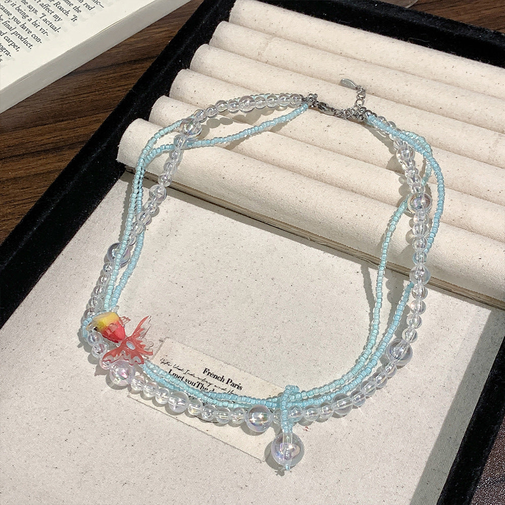 Vintage Goldfish Crystal Bubble Beaded Multi-layer Twin Necklace