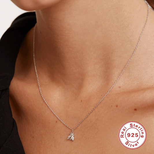 925 Sterling Silver Bee Pendant Necklace – Dainty Zircon Rhinestone Jewelry for Women