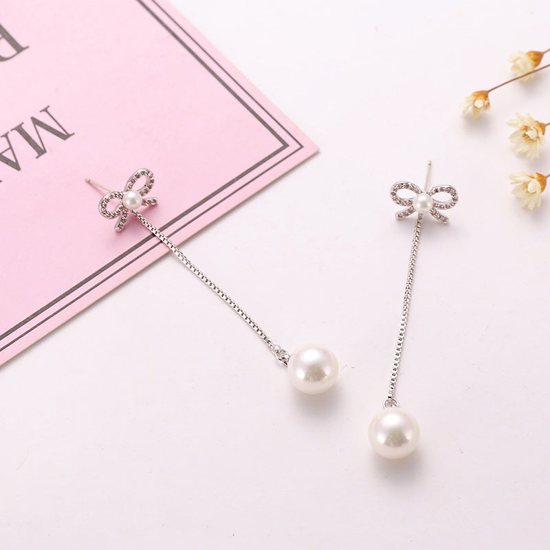 Elegant Bow Pearl Drop Earrings – Sterling Silver Needles, Hypoallergenic, Two-Way Copper Jewelry