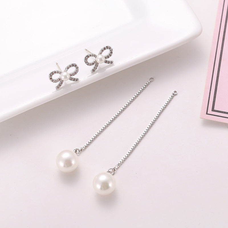 Elegant Bow Pearl Drop Earrings – Sterling Silver Needles, Hypoallergenic, Two-Way Copper Jewelry