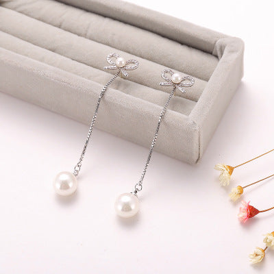 Elegant Bow Pearl Drop Earrings – Sterling Silver Needles, Hypoallergenic, Two-Way Copper Jewelry