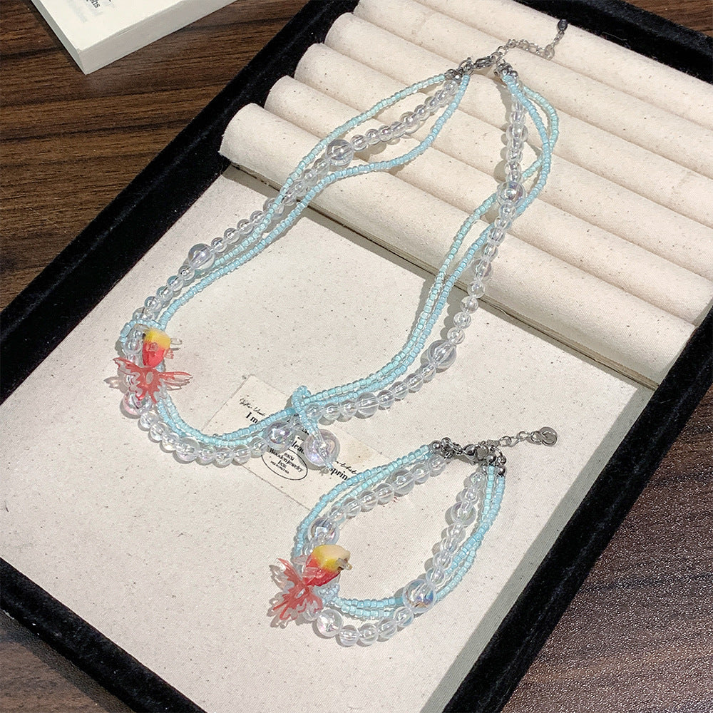 Vintage Goldfish Crystal Bubble Beaded Multi-layer Twin Necklace